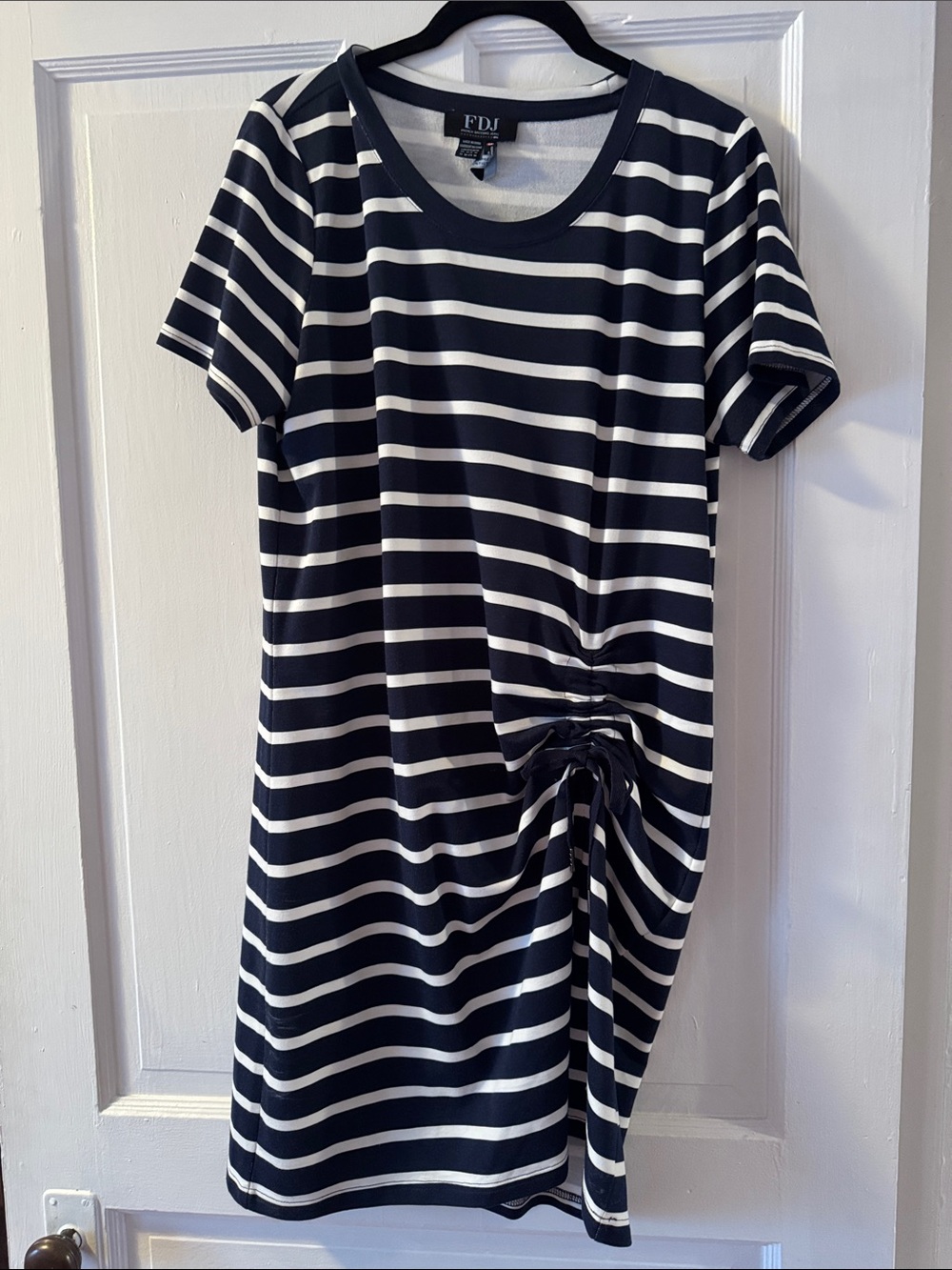 FDJ Navy & White Striped Midi Dress with Side Ruched Detail